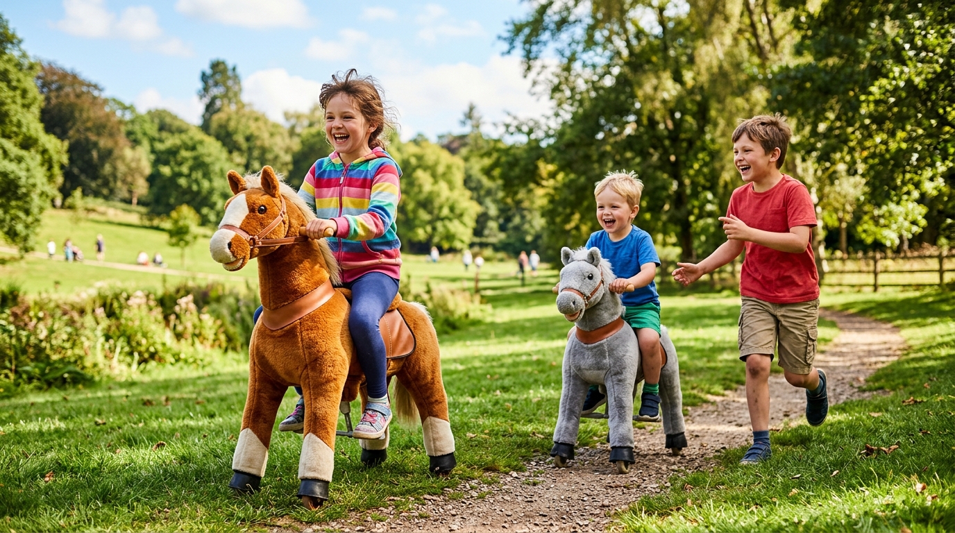 Kids laughing and playing with Refresh Sports outdoor toys - are large toy horses worth it for kids w